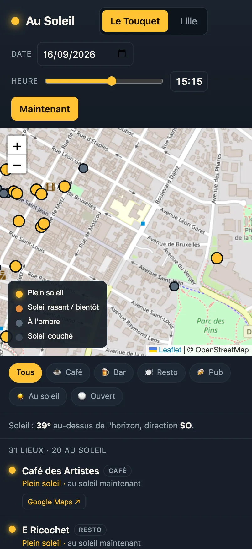 Au-Soleil-App auf einem iPhone: Karte mit sonnigen und schattigen Terrassen zur gewählten Uhrzeit