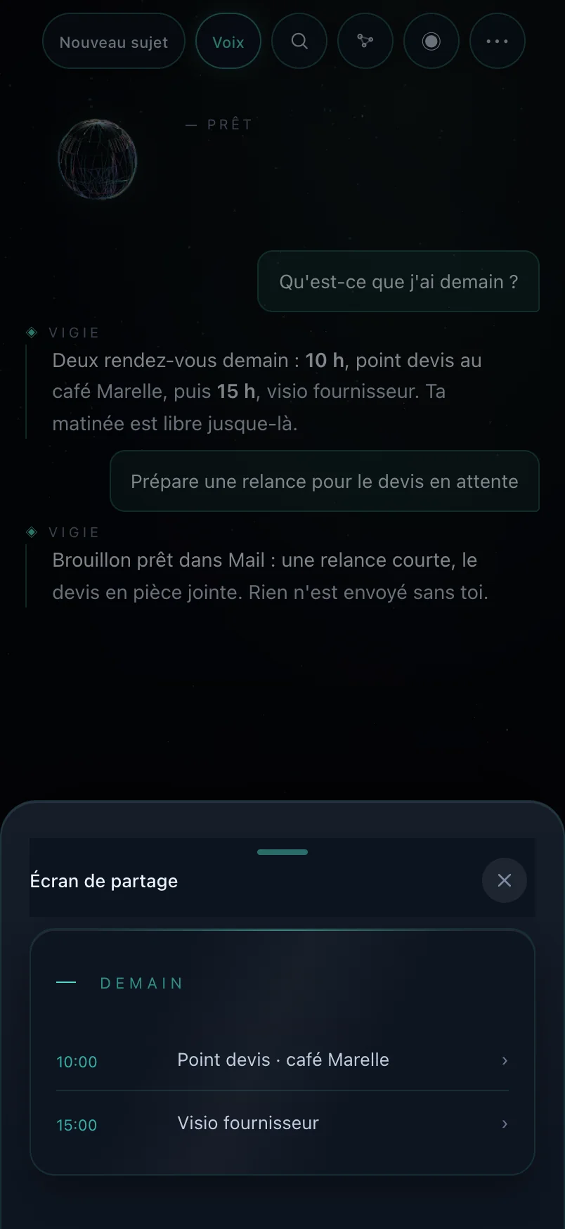 VIGIE auf dem iPhone: Chat mit dem Assistenten, der die Termine von morgen auflistet (Demo)